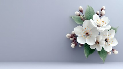 A Beautiful White Flower Surrounded by Lush Green Leaves on a Soft Gray Background in an Abstract Artistic Style