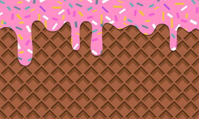 A flowing strawberry with rainbow sprinkles on a wafer texture graphic illustration that has empty spaces