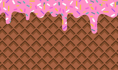 Realistic melting strawberry ice cream droplets with candy sprinkles on a chocolate wafer background