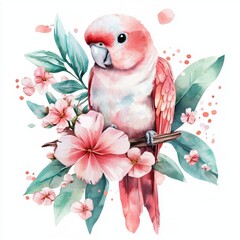 Adorable watercolor parrot and floral, tropical theme illustration, clipart style