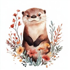 Adorable watercolor otter and floral, tropical theme illustration, clipart style