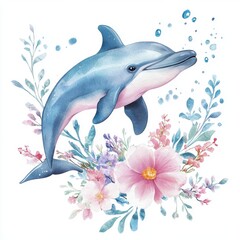Adorable watercolor dolphin and floral, sea theme illustration, clipart style