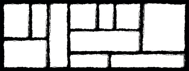 White grungy brush and frame  on black background. Grunge torn square highlights, overlays collection. grungy brush strokes. Grunge border dialog text box. eps 10