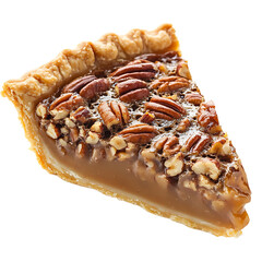 Slice of Pecan Pie with Rich Caramel Filling and Crumbly Pastry