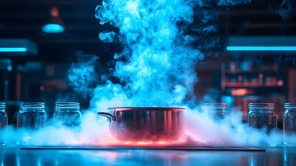 Blue and red smoke rising from boiling pot culinary or science concept