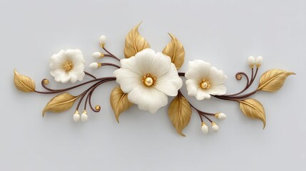 A Dreamlike Journey Through Abstract Illustrative Digital Art Featuring White Floral Designs with Striking Gold Leaves