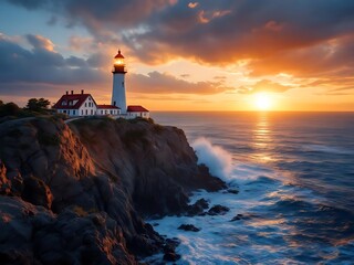 Fototapeta premium Lighthouse shines its beam across calm ocean waves under a golden sunset sky. Ideal for travel promotions, maritime safety campaigns, and coastal landscape visuals