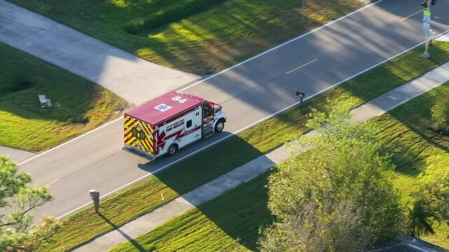 Aerial view of Florida rescue vehicle in motion during emergency call, equipped with active lights and department markings.