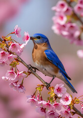 Obraz premium Eastern bluebird perched on blooming branch holding flower in its beak