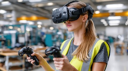 Female Worker Engaged in Virtual Reality Training Experience in Modern Industrial Setting