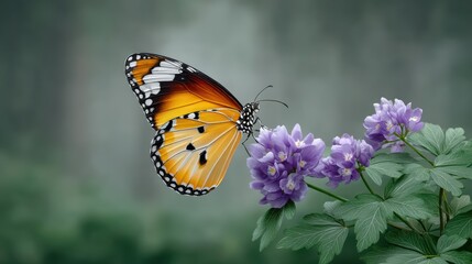 Obraz premium A Journey Through a Surreal Garden with Butterflies Dancing Over Beautiful Purple Flowers in Abstract Illustrative Digital Art