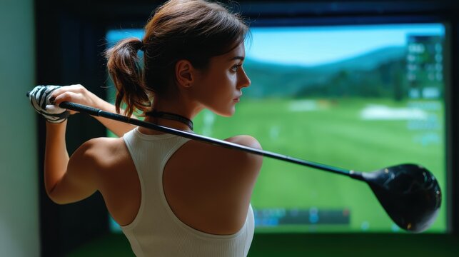 Young Woman Practicing Her Golf Swing in Indoor Simulator with Virtual Landscape Display