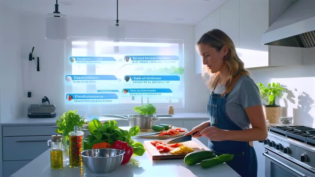 Woman and digital AR panels. Assist Asian woman as yellow screen floats above vegetables. Woman prepares fresh produce while holographic display walks her through recipe. Virtual meal system