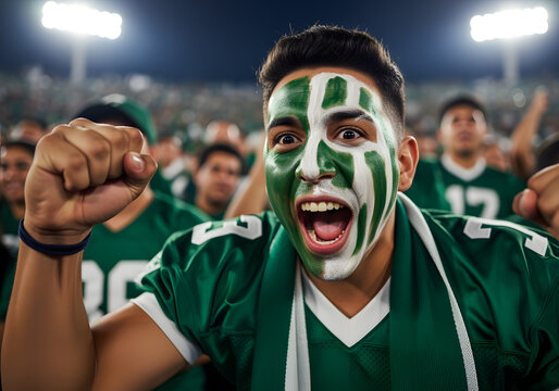 Football fan with face painted in team colors screaming with excitement copy