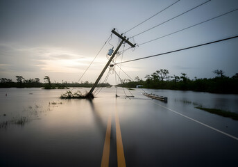 Fallen utility pole blocking a flooded road after hurricane, causing power outage and disruption