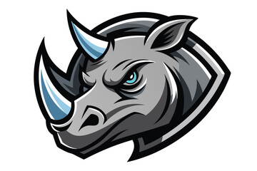 An intense grey rhino gazes forward with sharp blue eyes and formidable horns