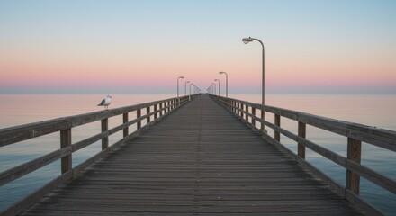 Fototapeta premium Serene Seascape: Wooden Pier Extending into Calm Ocean at Sunset