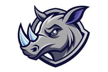 Angry gray rhino head featuring blue horns displays a fierce, focused gaze