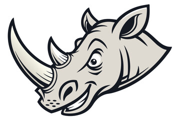 A cartoon rhinoceros head shows a big grin with a large horn