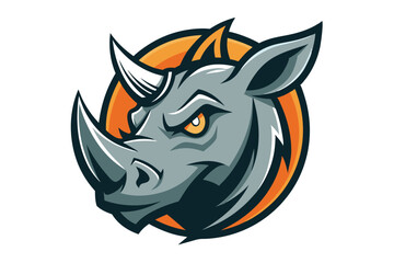 Angry rhino head peers intensely with an orange background accentuating its strong facial features