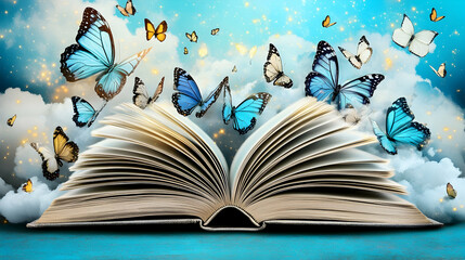 Open Book with Butterflies on a Dreamy Background