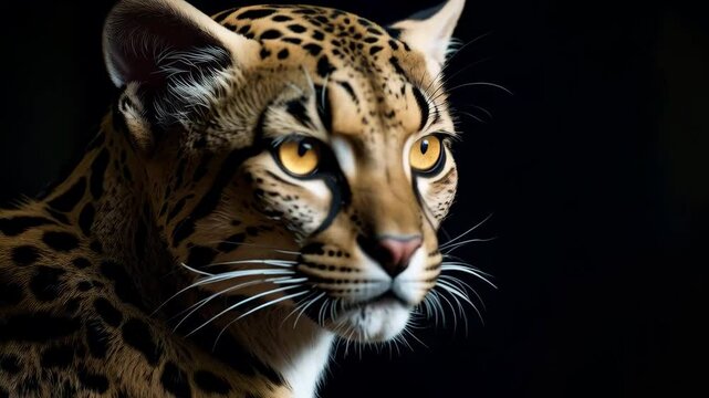 Detailed portrait of ocelot head with golden eyes, brown spotted fur, elegant whiskers against black background
