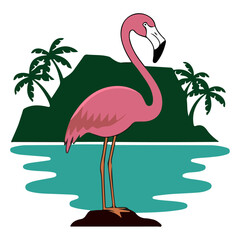 a pink tropical flamingo bird on a white background, flamingo, bird, animal, green, nuture, vector, illustration.