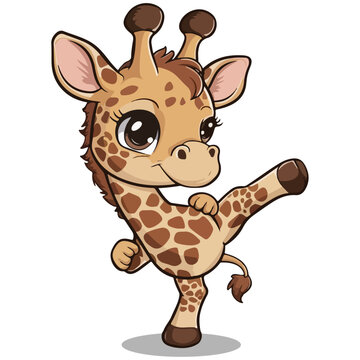 A baby ziraffe practicing martial-art cartoon isolated vector illustration with a funny smile face.