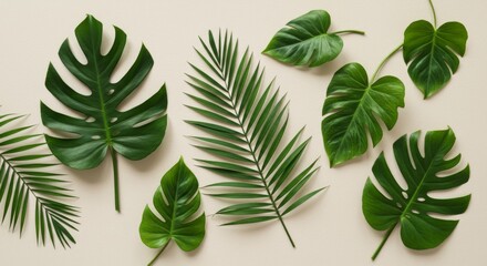 Green Tropical Leaves Flatlay on Beige Background