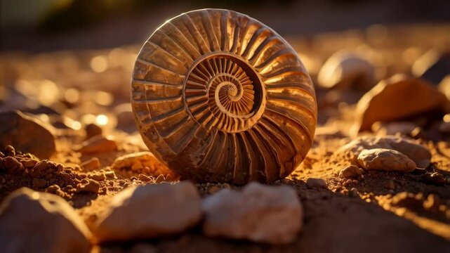 Fossilized ammonite spiral shell rests on rocky ground in warm, golden sunlight with concentric details and sandy texture