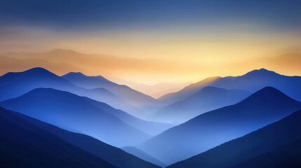 Obraz premium Serene Mountain Landscape at Dawn with Gradient Blue and Orange Hues Illuminating the Sky and Valleys Creating a Tranquil Atmosphere