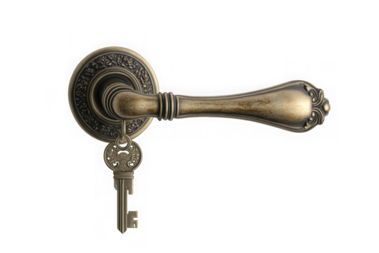 Ornate antique door handle with key vintage style home decor brass metal hardware isolated on transparent background