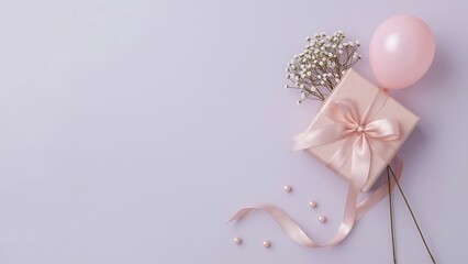  Elegant pink gift box with balloon and flowers on lavender background