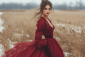 Woman in red dress standing in field.