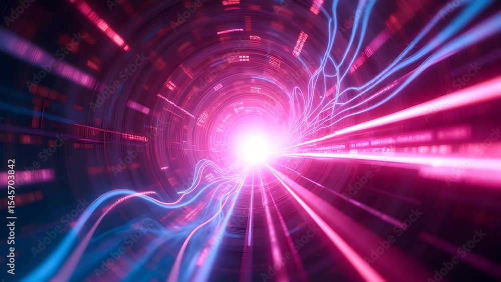 Poster abstract futuristic data tunnel with glowing light and neon lines effect