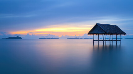 Serene Beach Sunset with Secluded Hut on Water, Calm Sea and Silhouetted Islands in Distance, Tranquil Evening Atmosphere, Vibrant Colors of Twilight