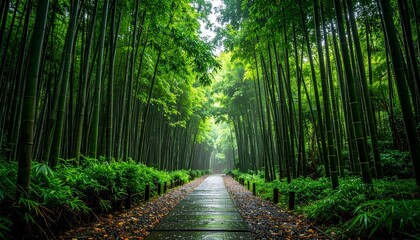 A tranquil forest path winds through green trees, inviting a peaceful walk in nature
