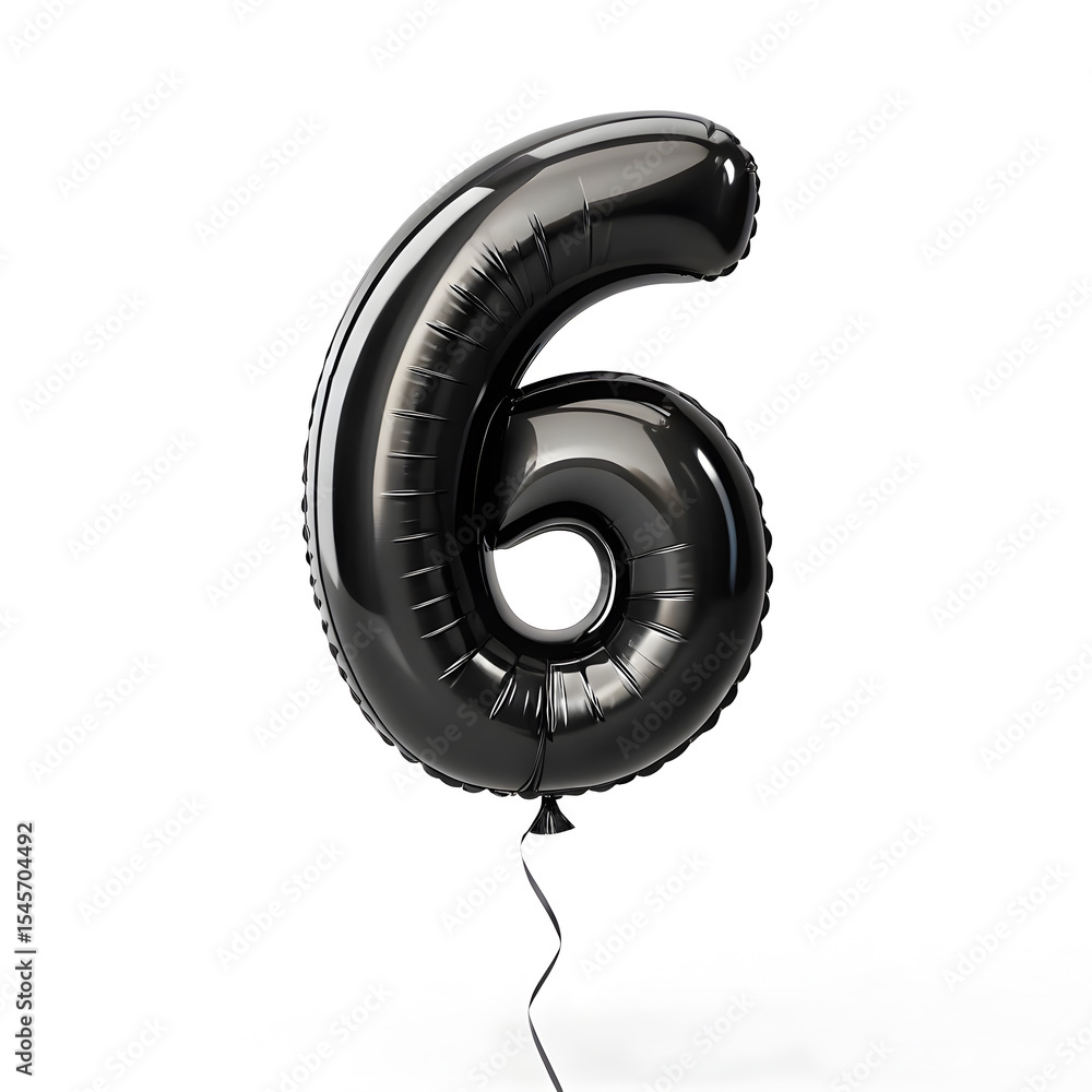 Fototapete a balloon shaped like the number 6,matte black metallic finish with realistic reflections and smooth