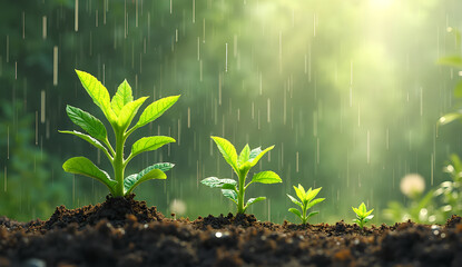 Young Plants Growing Under Rainfall