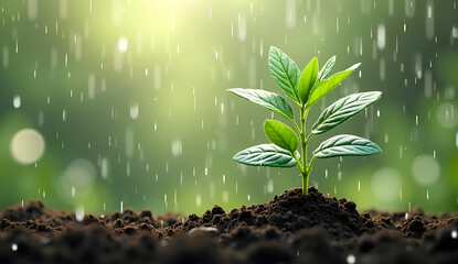 Young Plants Growing Under Rainfall
