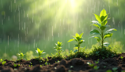 Young Plants Growing Under Rainfall