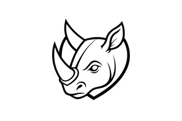 Intense rhinoceros head shows powerful horns and sharp outline in black and white