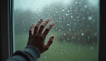 Hand Reaching Out to Feel the Rain by the Window