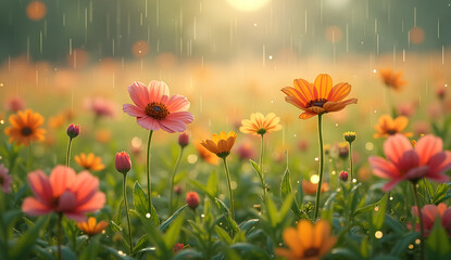 Tulip Flowers in Rainy Sunlight