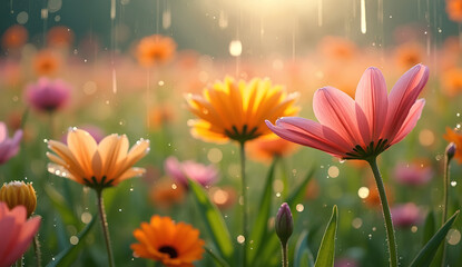 Tulip Flowers in Rainy Sunlight