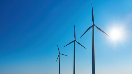 Fototapeta premium Wind Turbines Against Clear Blue Sky with Bright Sunlight - Renewable Energy and Sustainable Development Concept