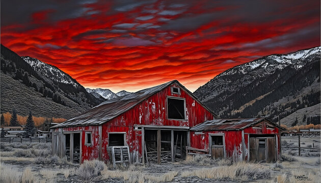 Red barn sunset mountain valley - Powered by Adobe