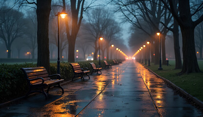Rainy Park Path with Street Lights