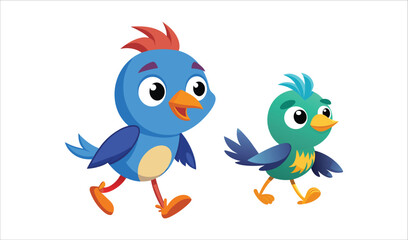 Two cute cartoon birds walking together