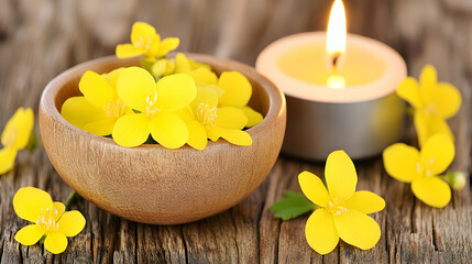 Wooden Bowl with Yellow Flowers and a Candle